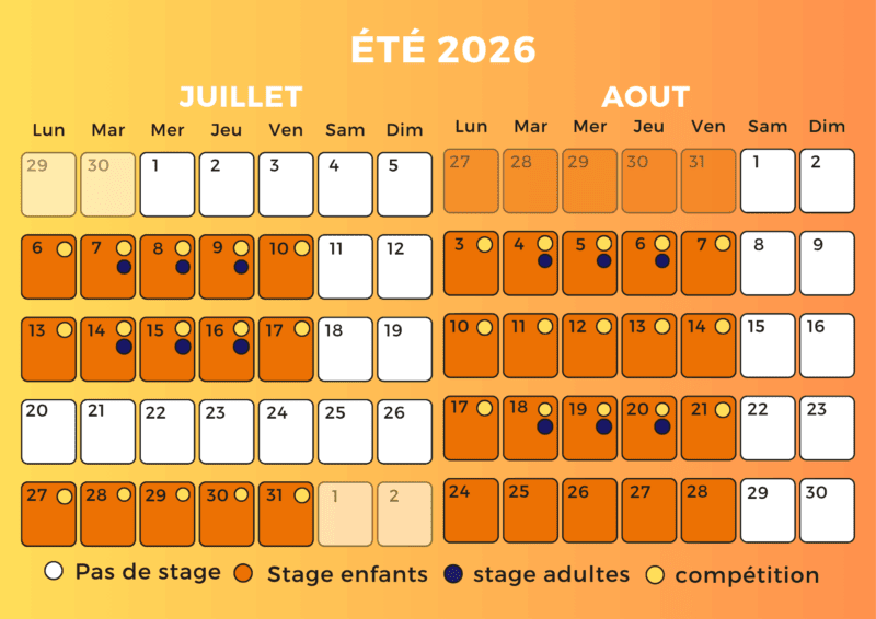 Calendrier de l'été, 7 semaines de stages : 6-10.07/ 13-17.07/ 27-31.07/ 3-7.08/ 10-14.08/ 17-21.08/ 24-28.08